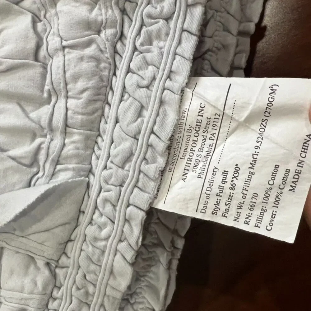 Anthropologie Rivulets Tufted Full Quilt Set Grey Ruched Ruffles